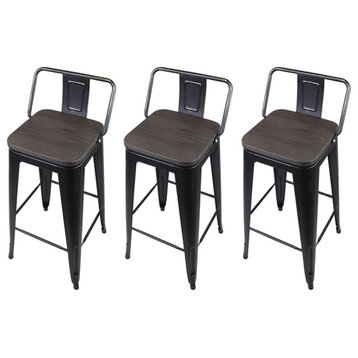 Black Low Back Metal Barstools With Wooden Seat, Set of 3
