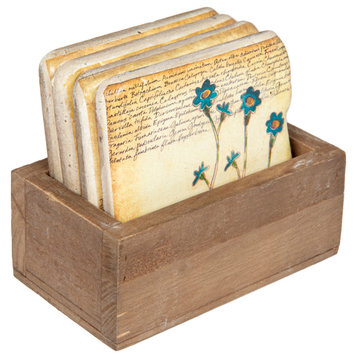 4 Floral Resin Coasters in Wood Box, 5-Piece Set