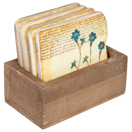 4 Floral Resin Coasters in Wood Box, 5-Piece Set