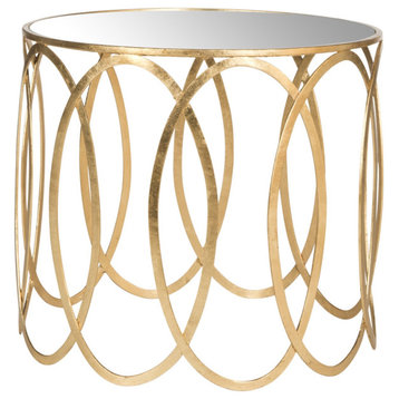 Unique End Table, Interlocking Oval Rings Accented Golden Base With Glass Top