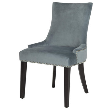 Transitional Dining Chair, Padded Seat & Low Sloped Arms With Nailhead, Blue