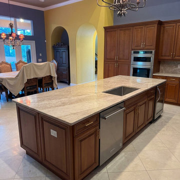Elegant Taj Mahal Kitchen with Island & Full-height Backsplash | Altar Stone Cou