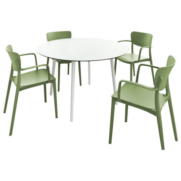 Lisa Round Dining Set With 47" White Table and Olive Green Armcairs