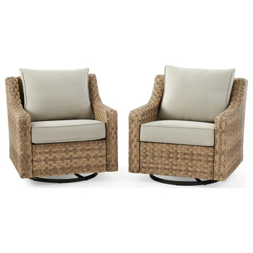 Set of 2, Patio Chairs, Swivel Glider Design With Padded Seat, Natural/Beige