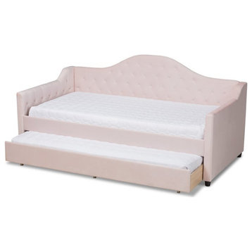 Bowery Hill Contemporary Velvet Upholstered Twin Daybed with Trundle in Pink