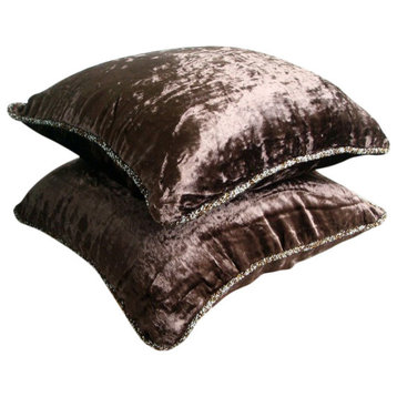 Solid Color Brown Velvet 26"x26" Euro Pillow Covers, Dark Chocolate Shimmer