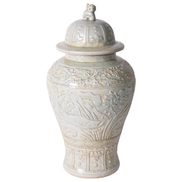 Temple Jar Vase Embossed Fish Colors May Vary Sage Green Variable