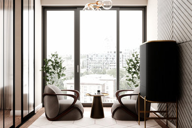 Стильный дизайн: открытая гостиная комната:: освещение в стиле модернизм с бежевыми стенами, разноцветным полом и многоуровневым потолком - последний тренд