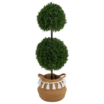 3.5' Boxwood Double Ball Faux Topiary Tree Handmade Woven Planter W/Tassels