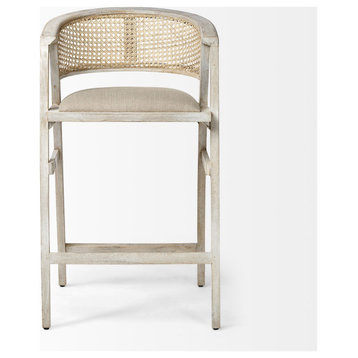 Tabitha Beige Fabric with Rattan Seat and Blonde Solid Wood Frame Bar Stool