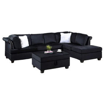 Valenca 3 Piece Sectional With Storage Ottoman Upholstered, Velvet, Black