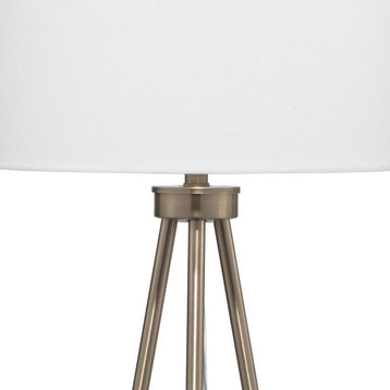 Sleek Simple Brass Metal Minimalist Tripod Table Lamp 26.5 in White Shade Round