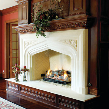 Custom Limestone Fireplace with Oak Leaf Detail