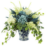 Creative Displays - Creative Displays Hydrangea, Heather and Ivy Centerpiece - Hydrangea, Heather and Ivy Centerpiece in a Blue and White Ceramic Vase