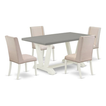 5-Piece Good Cement Color Table Top and 4 Solid Wood Leg Chairs, Linen White