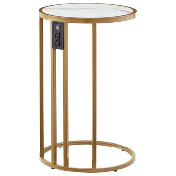 Annabel End Table White with Faux Marble Veneer Top Gold Metal Base