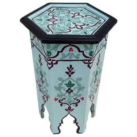 Moroccan Hexagonal Hand Painted Wooden Side Table, Celadon Zouak