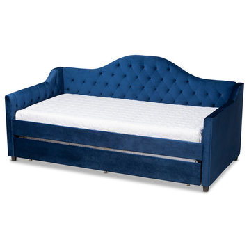 Luanna Royal Blue Velvet Upholstered and Button Tufted Twin Daybed With Trundle