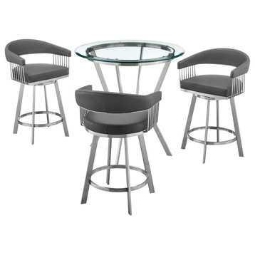 4-Piece Counter Height Dining Set In Brushed Stainless Steel & Gray Faux Leather