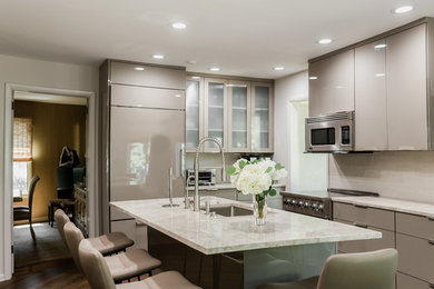 Inspiration for a mid-sized modern l-shaped dark wood floor and brown floor eat-in kitchen remodel in Other with a single-bowl sink, flat-panel cabinets, gray cabinets, granite countertops, gray backsplash, ceramic backsplash, stainless steel appliances, an island and white countertops