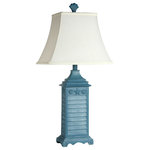 StyleCraft Home Collection - Beach House Blue Table Lamp with Matching Finial - Longboat Key Shutter Matching Finial Table Lamp - Stormy Deep Blue Finish - White Rectangle Softback Bell Shade