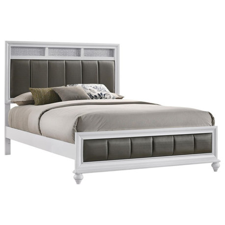 Pemberly Row Wood California King Upholstered Panel Bed in White and Gray