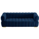 Meridian Furniture - Gwen Velvet Upholstered Chair, Navy, Sofa - Experience untold comfort blended with impeccable style when you bring home this Gwen velvet sofa. Rich navy velvet upholstery covers the sofa, giving it a sleek feel that meshes well with its heavily padded designthe combination of which beckons you to sit down and take a load off. Deep biscuit tufting adds to the oversized look of this welcoming sofa, with tufting also serving to keep the fill inside aloft. Two sets of legs come with the Gwen sofa for a custom finish in gold or chrome.