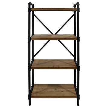 Astrid Industrial Iron Four Shelf Bookcase, Black Finish, Antique Brown Finish