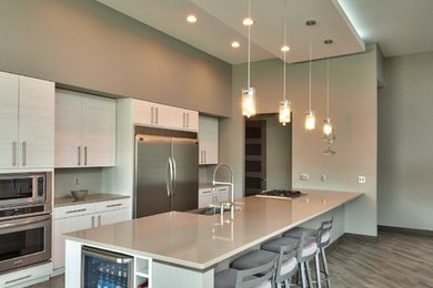 Inspiration for a large contemporary single-wall dark wood floor and gray floor open concept kitchen remodel in Denver with a farmhouse sink, flat-panel cabinets, white cabinets, quartz countertops, stainless steel appliances and an island
