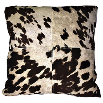 Faux Leather Cowhide Pillow, Brown and Ivory, Handmade, 17x17