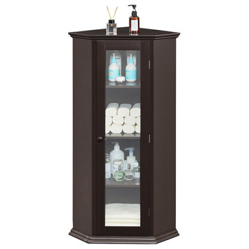 42" Wood 1-door Storage Corner Cabinet with Glass Door, Black Brown