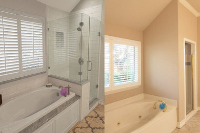 Trendy master white tile and ceramic tile porcelain tile and gray floor bathroom photo in Dallas with raised-panel cabinets, white cabinets, gray walls, an undermount sink, granite countertops, a hinged shower door and white countertops