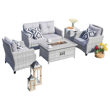 5-Piece All-Weather Wicker Patio Conversation Set with Gas Fire Pit Table, Gray