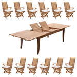 Teak Deals - 13-Piece Teak Dining Set: 122" X-Large Rectangle Table, 12 Warwick Folding Chair - Set includes: 122" Double Extension Rectangle Dining Table and 12 Folding Arm Chairs.