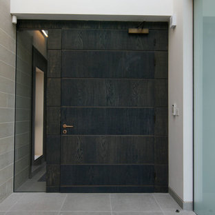 Design ideas for a contemporary front door in Edinburgh with white walls and a dark wood front door.