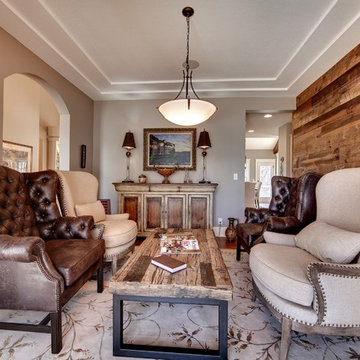 Weathered Antique Paneling Accent Wall in a Traditional Sitting Room