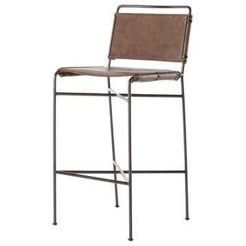 Oxford Distressed Brown Leather Steel Tube Bar Stool