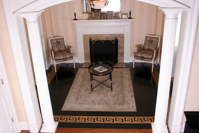 Example of a mid-sized classic formal and open concept dark wood floor living room design in Boston with beige walls, a standard fireplace, a tile fireplace and no tv