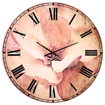 Cute Light Pink Magnolia Flower Flowers Round Metal Wall Clock, 36x36