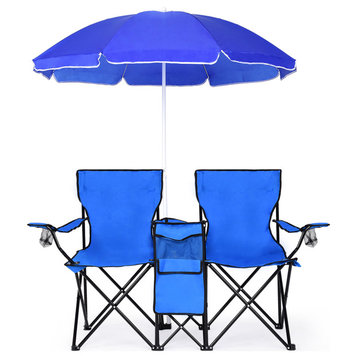 Costway Portable Folding Picnic Double Chair W/Umbrella Table Camping Chair