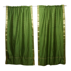 Mogul Interior - Green Sheer Sari Curtain Panel Window Treatment Rod Pocket Drapes Pair 84X44 - Curtains