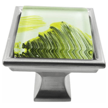 Hand Brushed Abstract Moss Streaks Crystal Glass Brushed Nickel Classic Knob