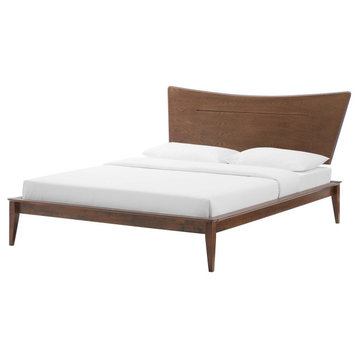 Platform Bed Frame, Full Size, Wood, Brown Walnut, Modern Mid-Century, Bedroom