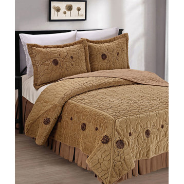 Ribbon Embroidered Faux Fur 3 Piece Bedspread Set, Light Camel, Queen