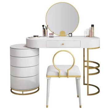 Homary White Makeup Vanity Dressing Table with Swivel Cabinet Mirror & Stool, White