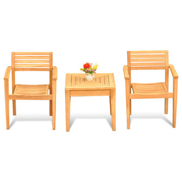 3-Piece Outdoor Teak Dining Set, 23.5" Square Table, 2 Montana Stacking Chairs