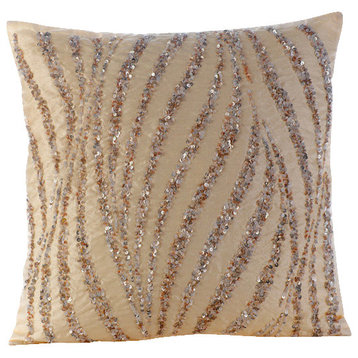 Metallic Sequins & Beaded 26x26 Art Silk Beige Euro Pillow Shams, Wave Of Gold