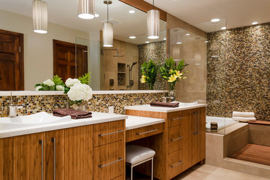Large contemporary master bathroom in Chicago with flat-panel cabinets, dark wood cabinets, a drop-in tub, an alcove shower, multi-coloured tile, mosaic tile, beige walls, medium hardwood floors, a drop-in sink and engineered quartz benchtops.