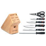 Wusthof - Wusthof Gourmet Starter Knife Block Set, 7 Piece - GOURMET laser-cut knives are crafted in the company�s factory in Germany. Well-balanced and durable, GOURMET knives are made of high-carbon stainless steel. GOURMET knives feature a new handle design made of a highly durable synthetic material � Polyoxymethylene (POM) � which has a tighter molecular structure to resist fading and discoloration. The Seven Piece Block Set includes a 3" Spear Point Paring Knife, 4 1/2" Utility Knife, 6" Serrated Utility Knife, 6" Cook's Knife, 9" Steel, Come-Apart Kitchen Shears, and 9-Slot Block.