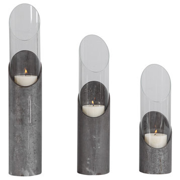 Rustic Modern Raw Iron Pillar Candle Holder Set 3| Cylinder Hurricane Industrial